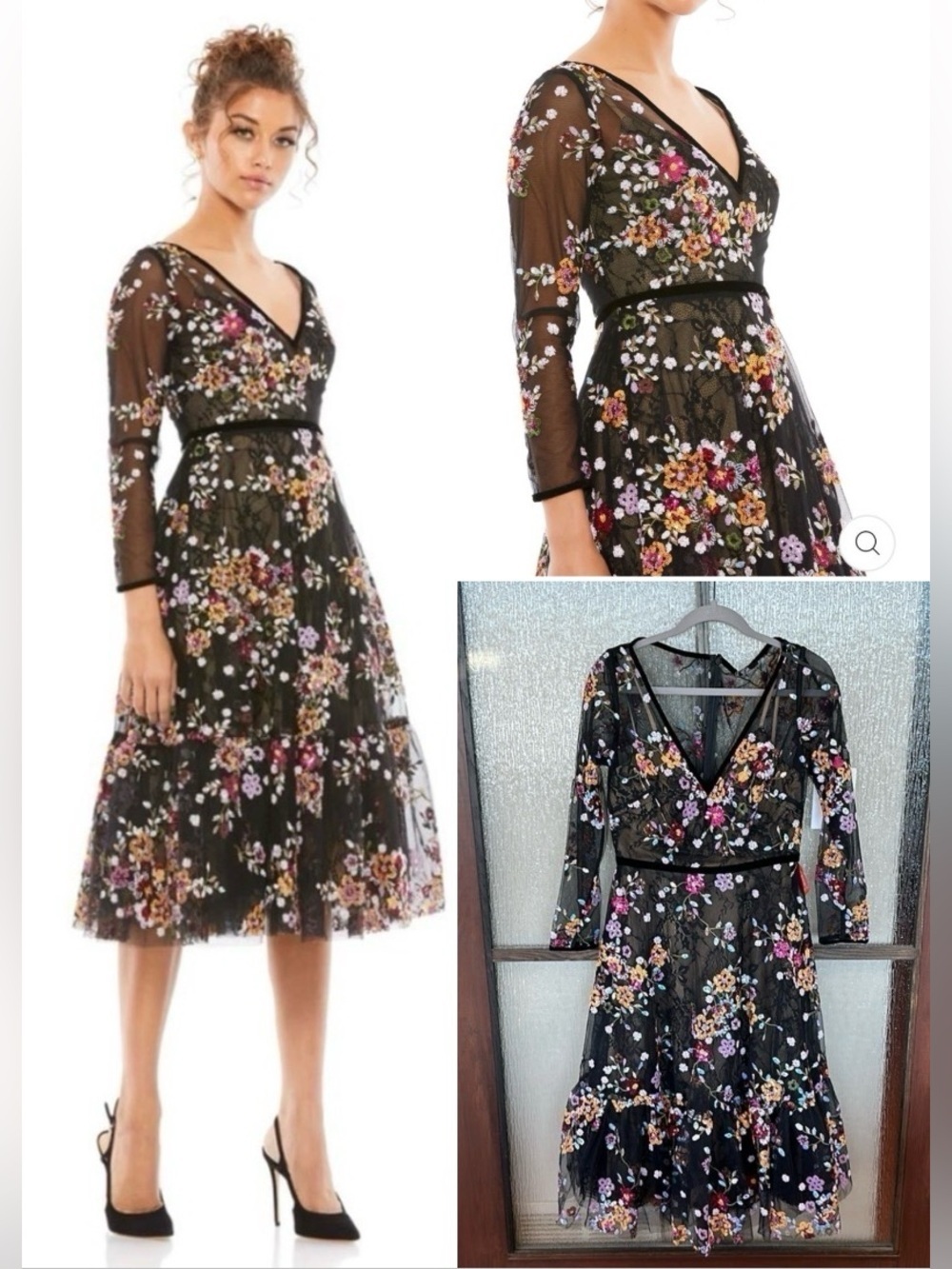 Mac Duggal BLACK FLORAL EMBROIDERED TEA LENGTH DRESS size 8 NEW $538 sldout size